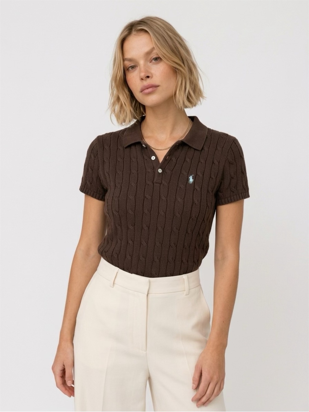 Ralph Lauren Women's Vintage Brown Cable-Knit Polo Sweater Short Sleeve Prep XL